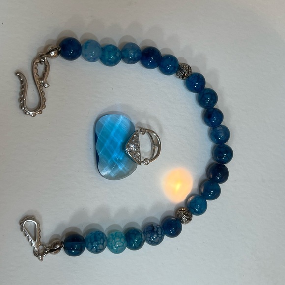 Blue Agate Gemstone Bracelet w/ Swarovski “Purse” Charm & Sterling Silver Clasp - Picture 3 of 12